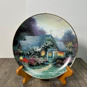 Knowles Thomas Kinkade Weather Vain Cottage Scene Plate with Floral Accents